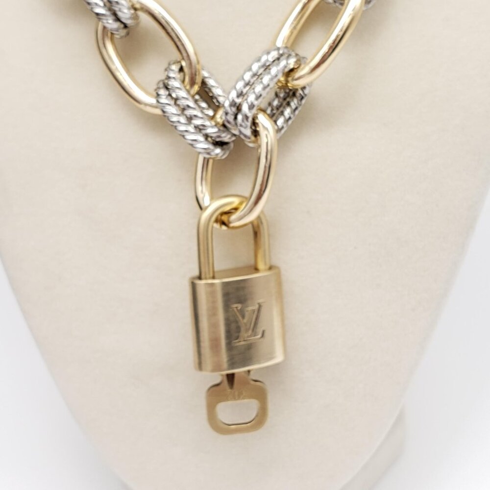 Authentic Louis Vuitton Gold Padlock 🔐 Pendant + 2 ToneFashionGeometry Necklace - Picture 5 of 9